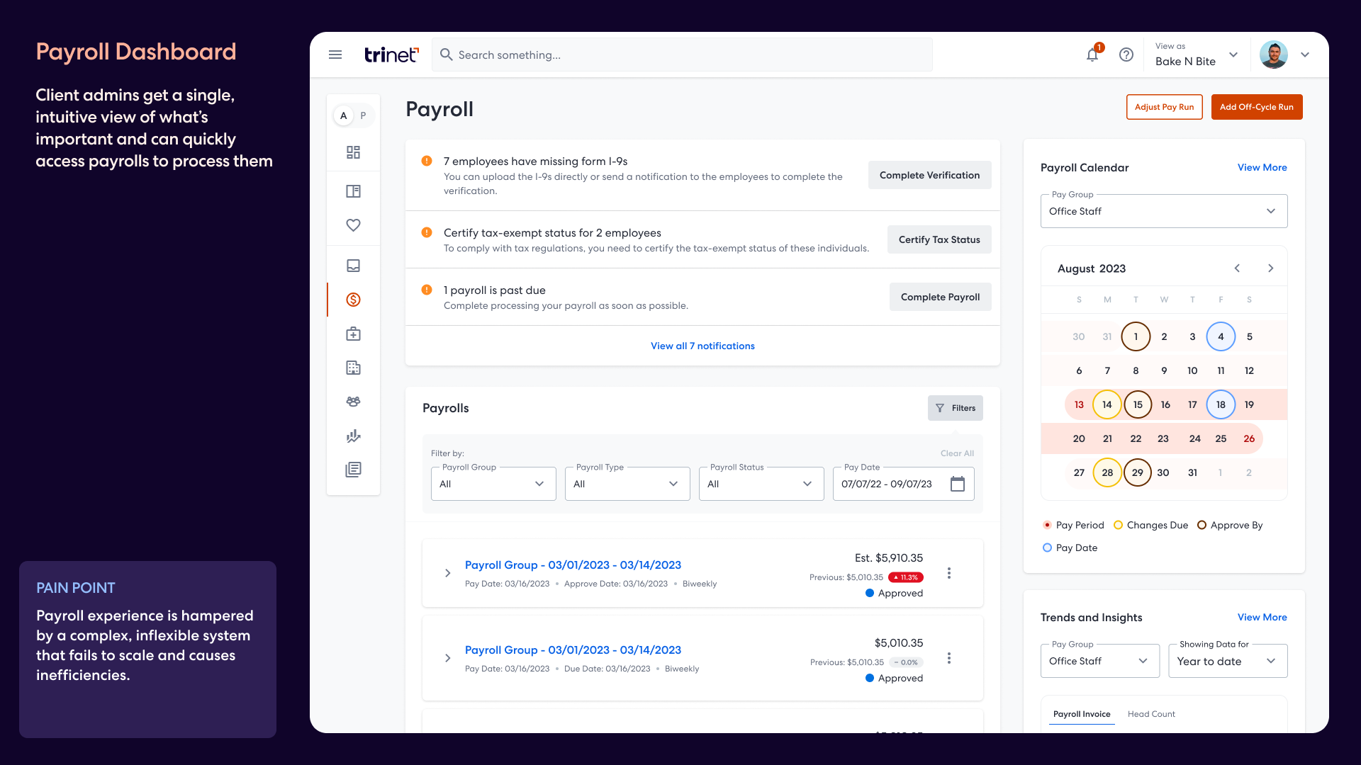 Payroll dashboard with notifications, calendar, and trends at a glance